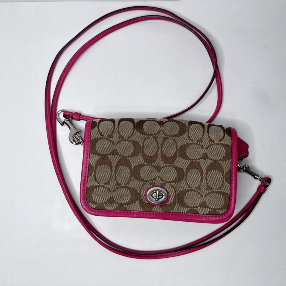 Coach Legacy Signature Penny Small Canvas Khaki/Berry Crossbody Bag